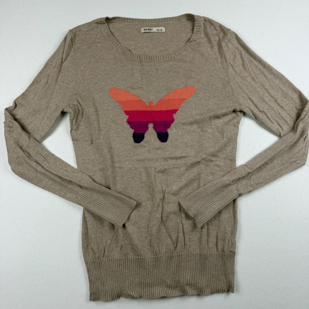 Old Navy Womens Tan Butterfly Graphic Crew Neck Sweater Long Sleeve Brown Medium